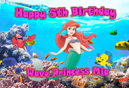 ersonalized Edible Icing Images birthday cake topper with Mermaid cartoon characters and 'Happy Birthday' and name