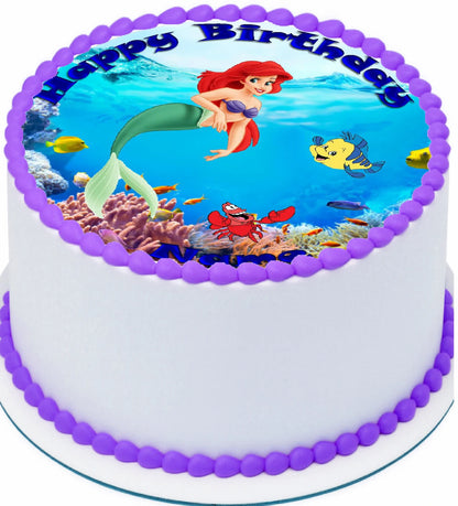 Birthday Edible Icing Image cake Topper with Little Mermaid design and 'Happy Birthday' text