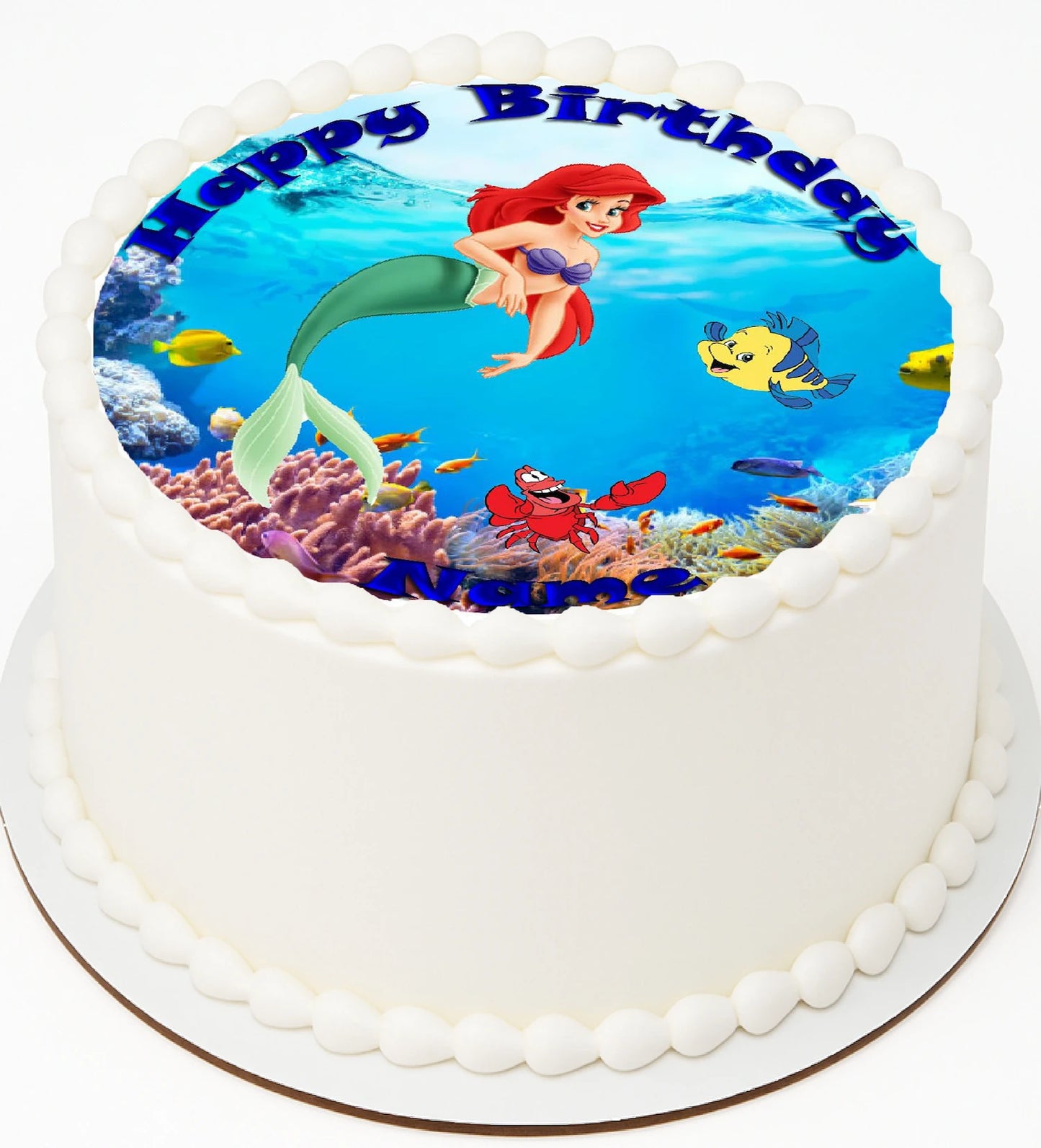 Cake with a mermaid edible Icing Images design and 'Happy Birthday' with Custom Name