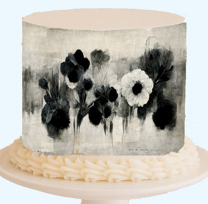 Monochrome Poem Seamless Edible Icing Sheet - Black and White Minimalist Floral Cake Wrap - Easy to Use