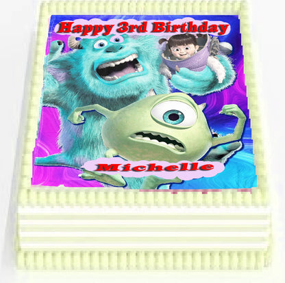 Edible Icing Images Sheet Cake Topper with Monster-themed decoration featuring text personalized with name and age