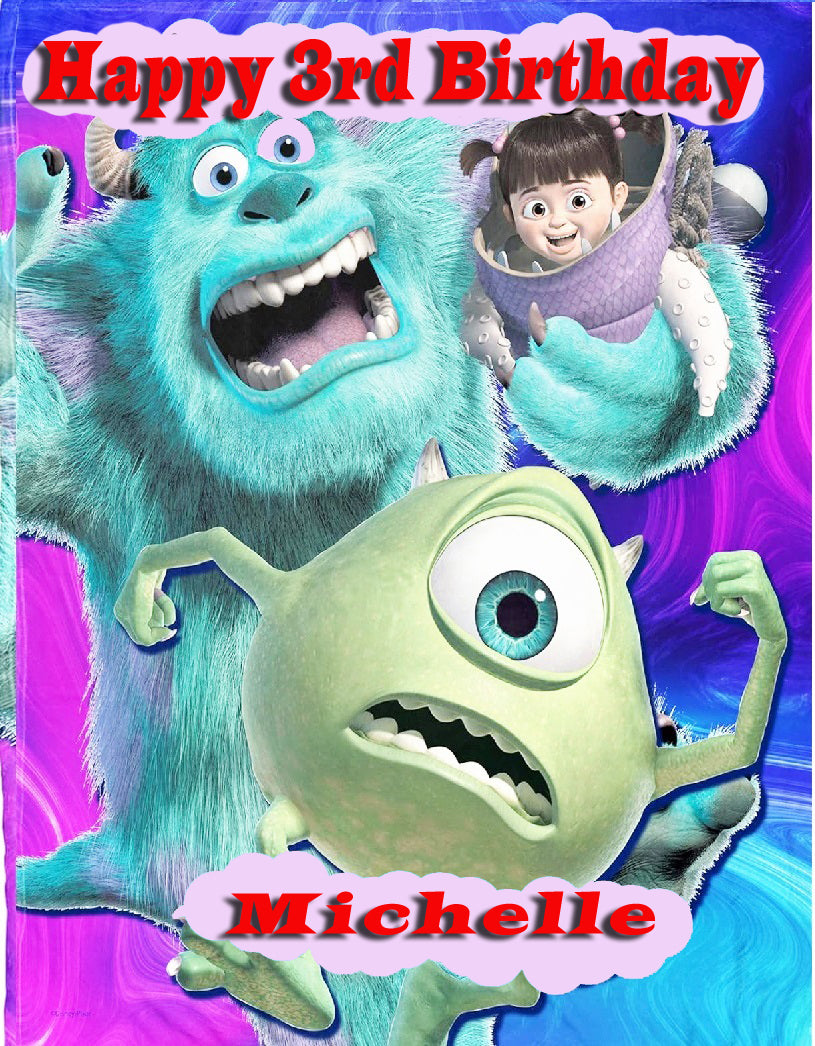 Personalized Edible Icing Images birthday cake topper with Monster cartoon characters and 'Happy Birthday' and name