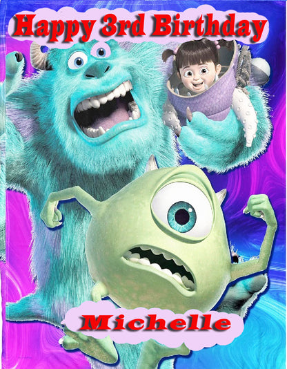 Personalized Edible Icing Images birthday cake topper with Monster cartoon characters and 'Happy Birthday' and name