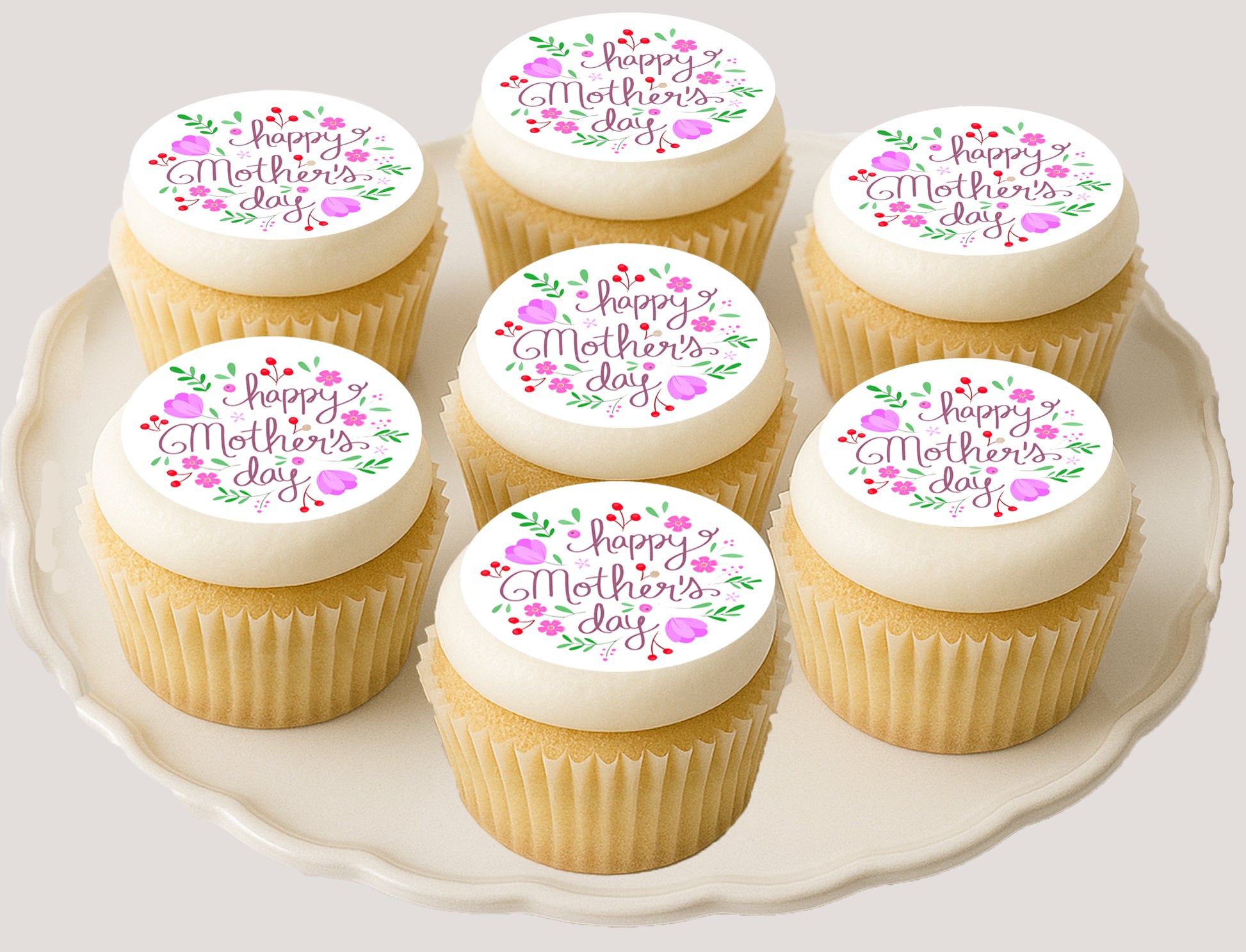 Plates of Cupcakes with 'Happy Mother's Day' 