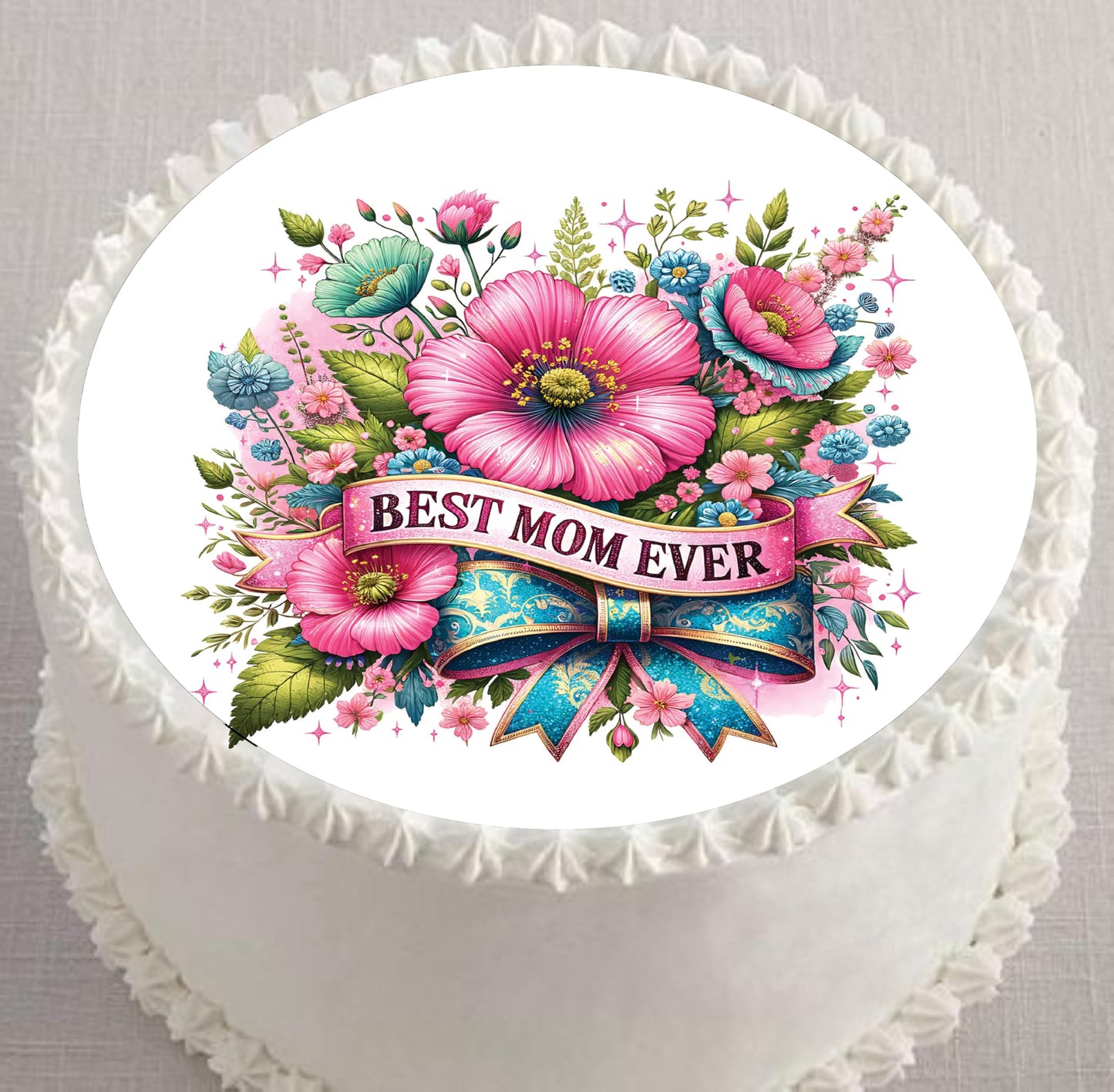 Custom Edible Cake Topper – Mother's Day Best Mom Design – Pre-cut 8" Round Icing Sheet – RA Pape