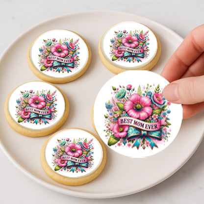 Custom Edible Cake Topper – Mother's Day Best Mom Ever Design – Icing Sheet Cookie & Cupcake Images –20 Pre-cut 2” Round– RA Pape