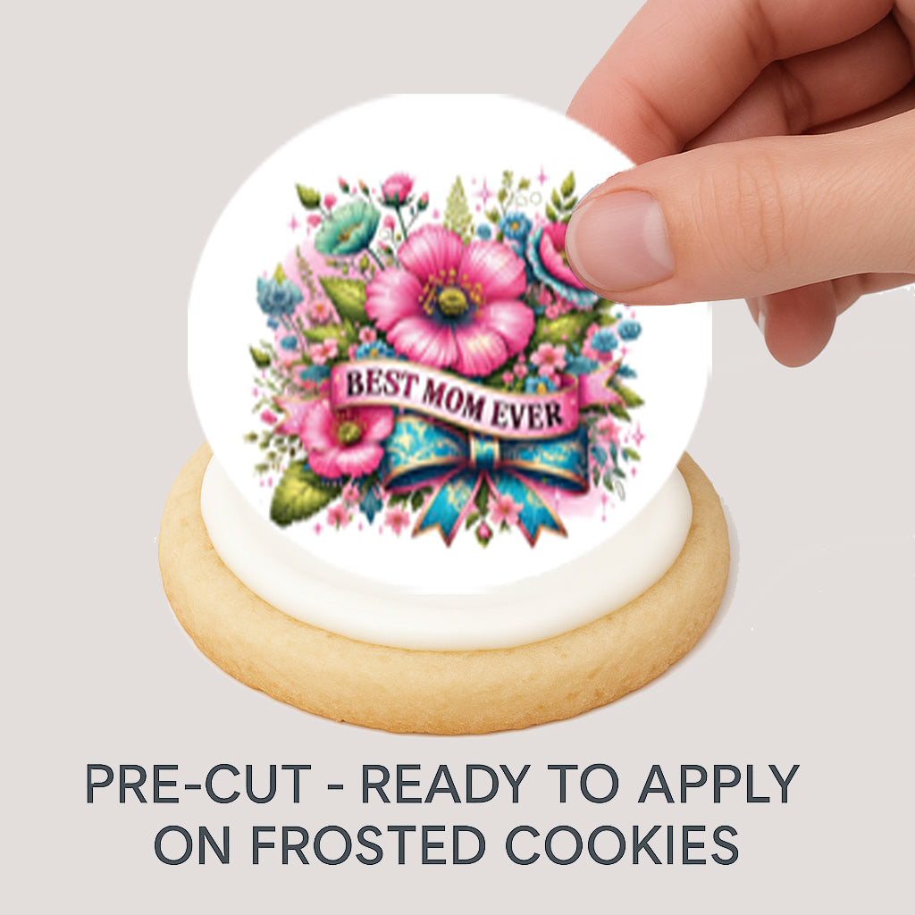 Best mom ever edible cookie image being applied on a cookie