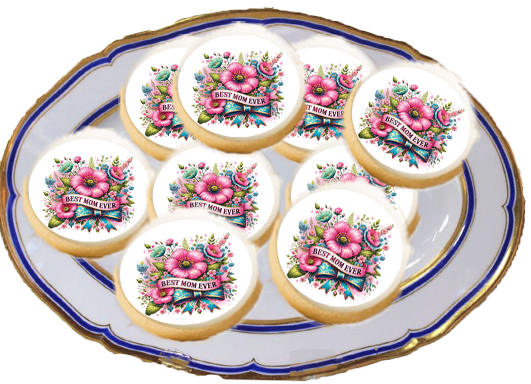 Mother's Day Best Mom Ever Edible Image Cookie Topper on a decorative plate.