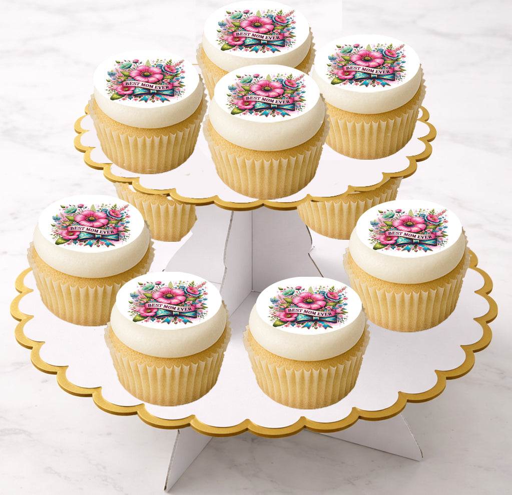 Mother's Day Best Mom Ever Edible Image  Cupcake Toppers on display tray