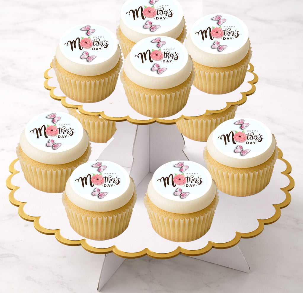 Mother's Day Butterfly Edible Image  Cupcake Toppers on a display tray