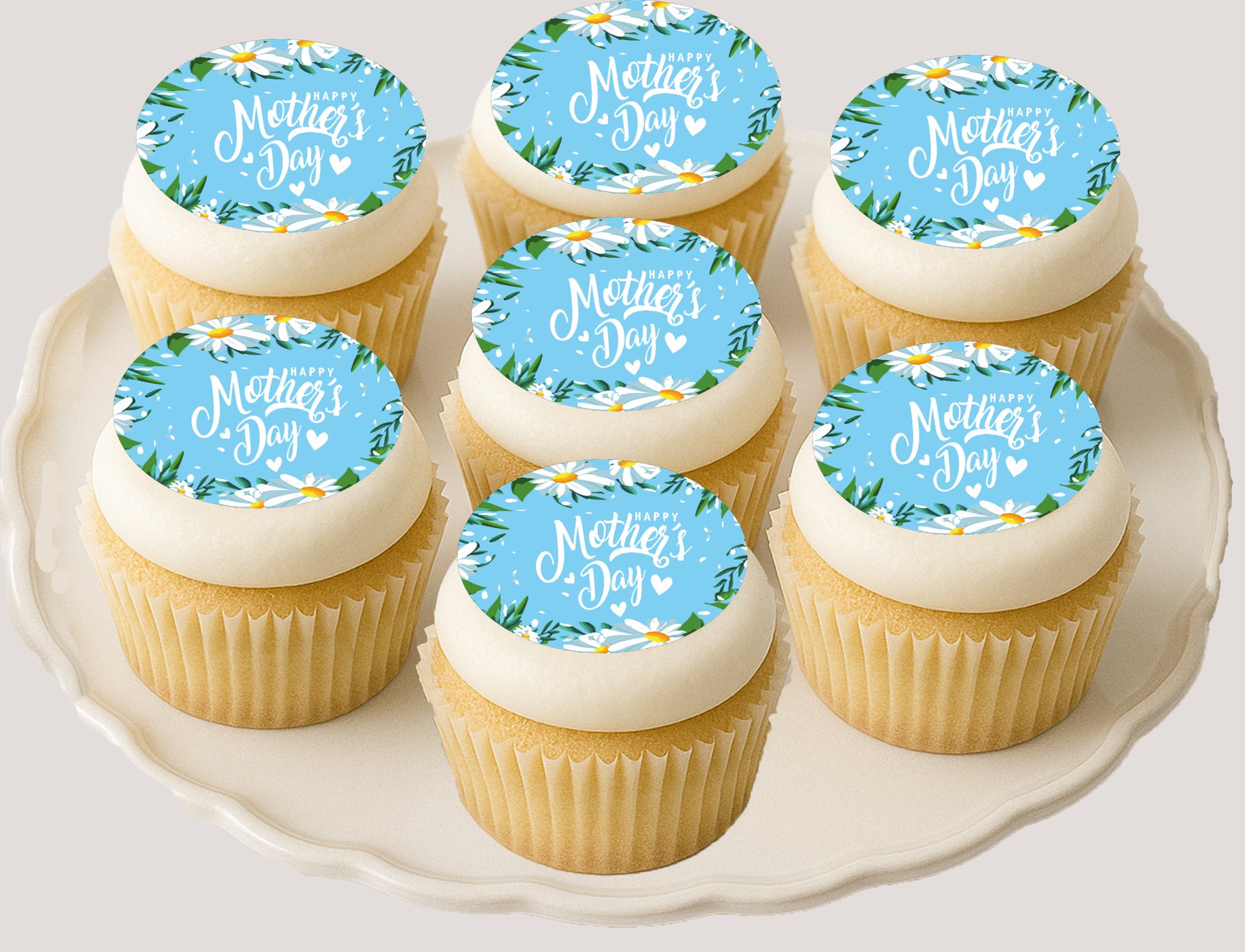 Mother's Day Daisies Edible Image Cupcake Toppers on a plate