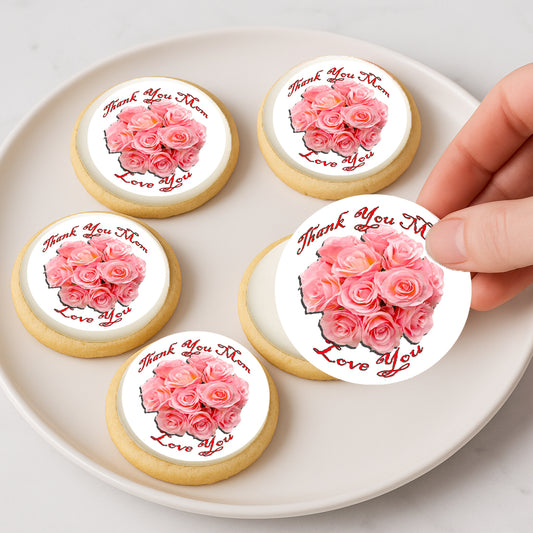 Custom Edible Cake Topper – Mother's Day Peach Rose Bouquet Design – Icing Sheet Cookie & Cupcake Images –20 Pre-cut 2” Round– RA Pape