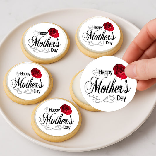 Custom Edible Cake Topper – Mother's Day Red Rose Design – Icing Sheet Cookie & Cupcake Images –20 Pre-cut 2” Round– RA Pape