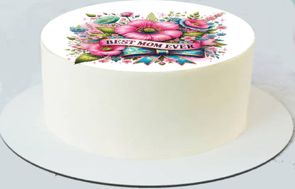 Edible Icing Image Cake Topper with Mothers Day Best Mom themed decoration