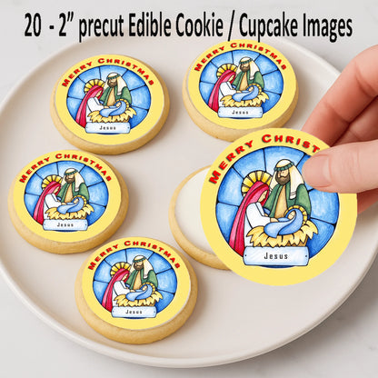 Christmas Nativity edible cake images being placed on cookies – holiday dessert icing images for Christmas fun.