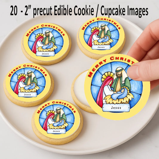Christmas Nativity edible cake images being placed on cookies – holiday dessert icing images for Christmas fun.