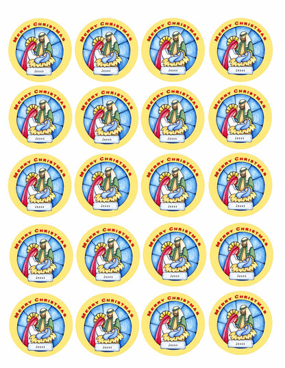 Sheet of 20 Christmas Nativity edible cake images – pre-cut round icing cake images for cookies and cupcakes, perfect holiday dessert decorations