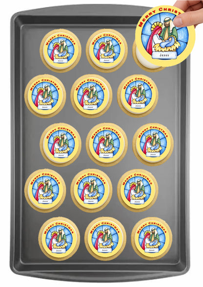 Christmas Nativity edible cake images on baking tray – pre-cut round edible cake images for holiday cookies, Nativity theme icing sheet