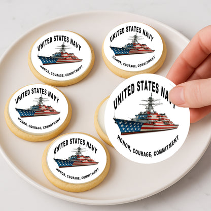 Custom Edible Cake Topper - Navy Honor Courage Commitment Design – Icing Sheet Cookie & Cupcake Images –20 Pre-cut 2” Round– RA Pape