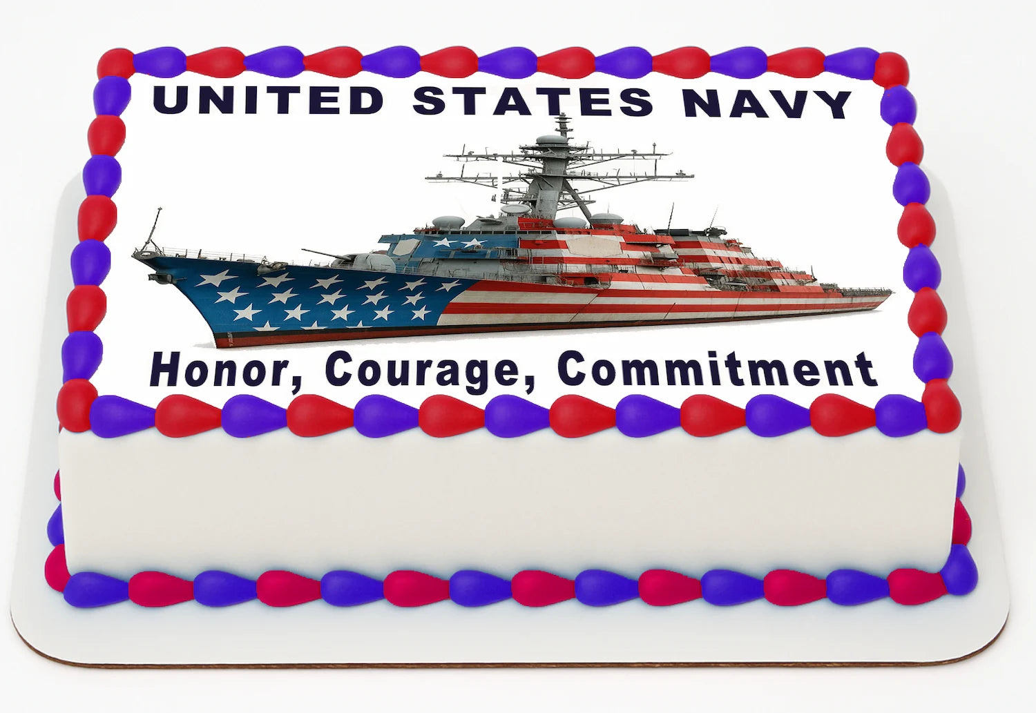 Custom Edible Cake Topper – Navy Honor Courage Commitment Design – 1/4 Sheet Cake (9x13) – Precut Icing Sheet – RA Pape