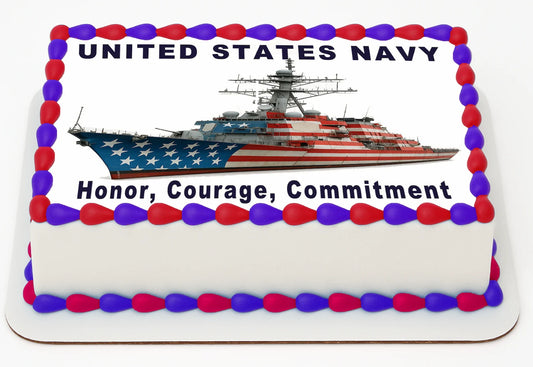 Custom Edible Cake Topper – Navy Honor Courage Commitment Design – 1/4 Sheet Cake (9x13) – Precut Icing Sheet – RA Pape
