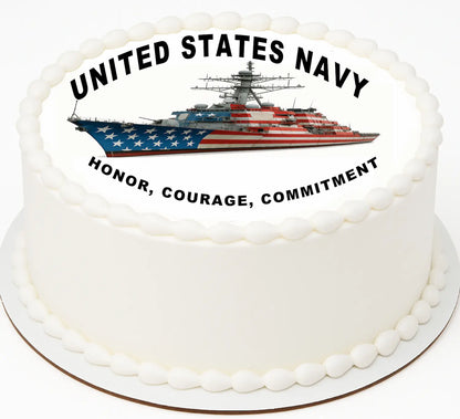 White cake with a United States Navy ship design and text on a white background