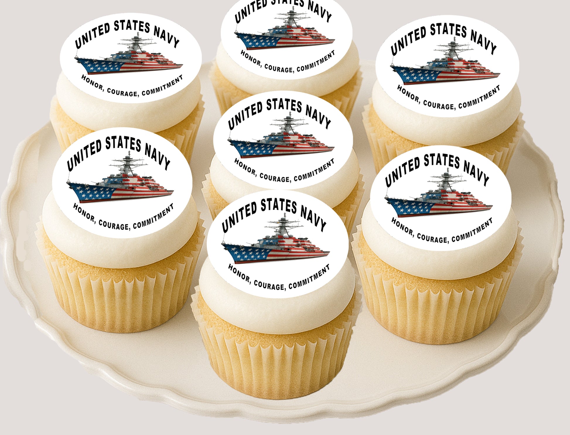Cupcakes with Navy Honor Courage Commitmment Edible Image Cookie & Cupcake Toppers –  Precut 2” Rounds