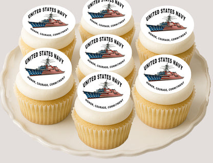 Cupcakes with Navy Honor Courage Commitmment Edible Image Cookie & Cupcake Toppers –  Precut 2” Rounds