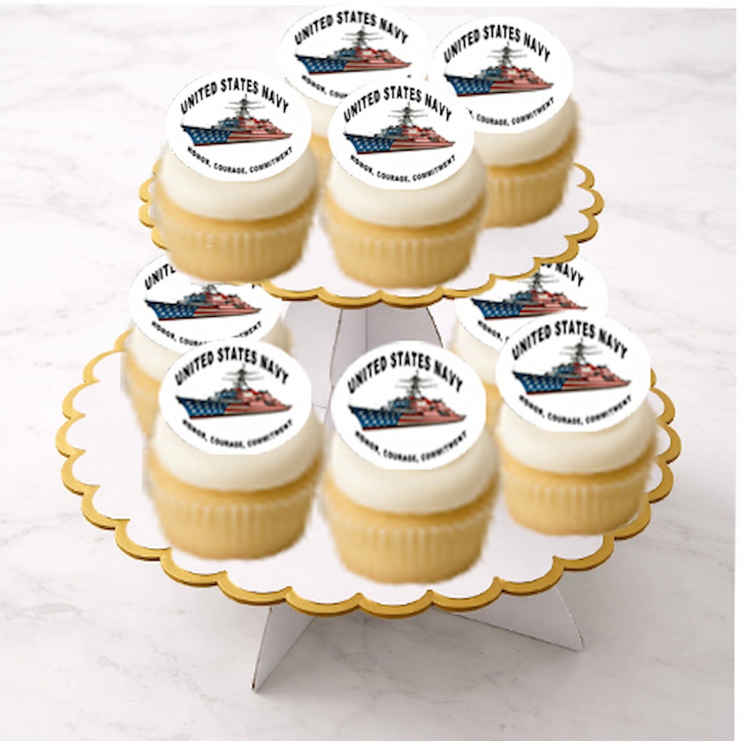 Cupcakes with United States Navy logo Edible Icing Images on a decorative stand