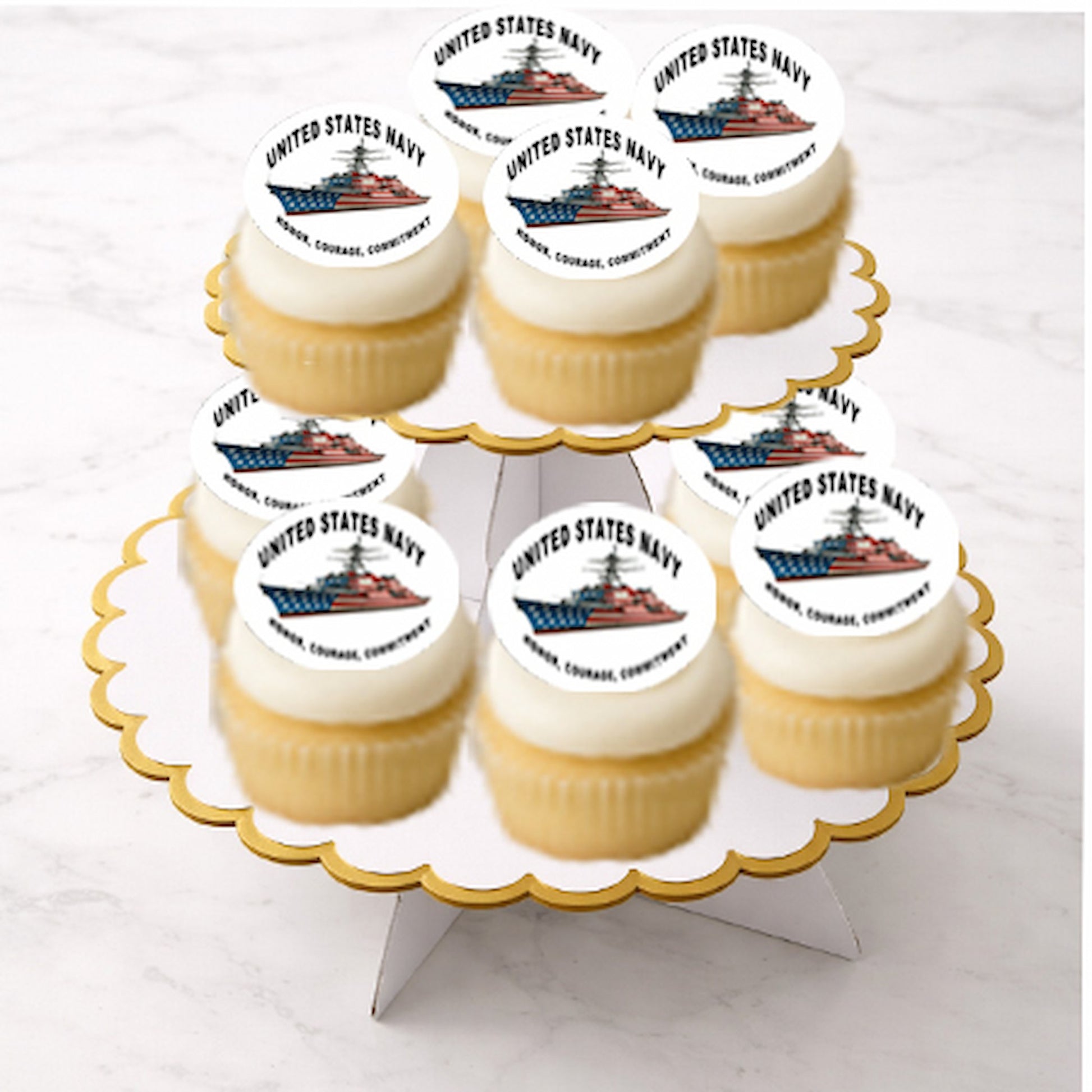 Cupcakes with United States Navy logo Edible Icing Images on a decorative stand