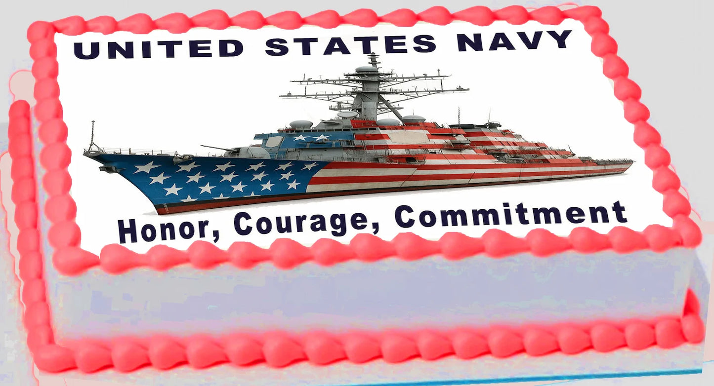 Cake with a United States Navy ship design and text on a white background