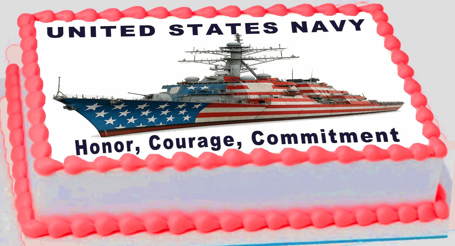 Cake with a United States Navy ship design and text on a white background