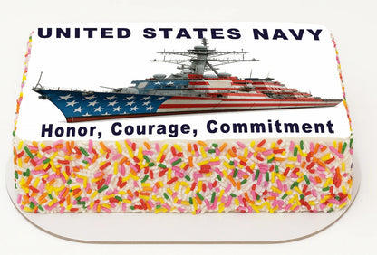 United States Navy ship with American flag design and 'Honor, Courage, Commitment' text on a colorful background.
