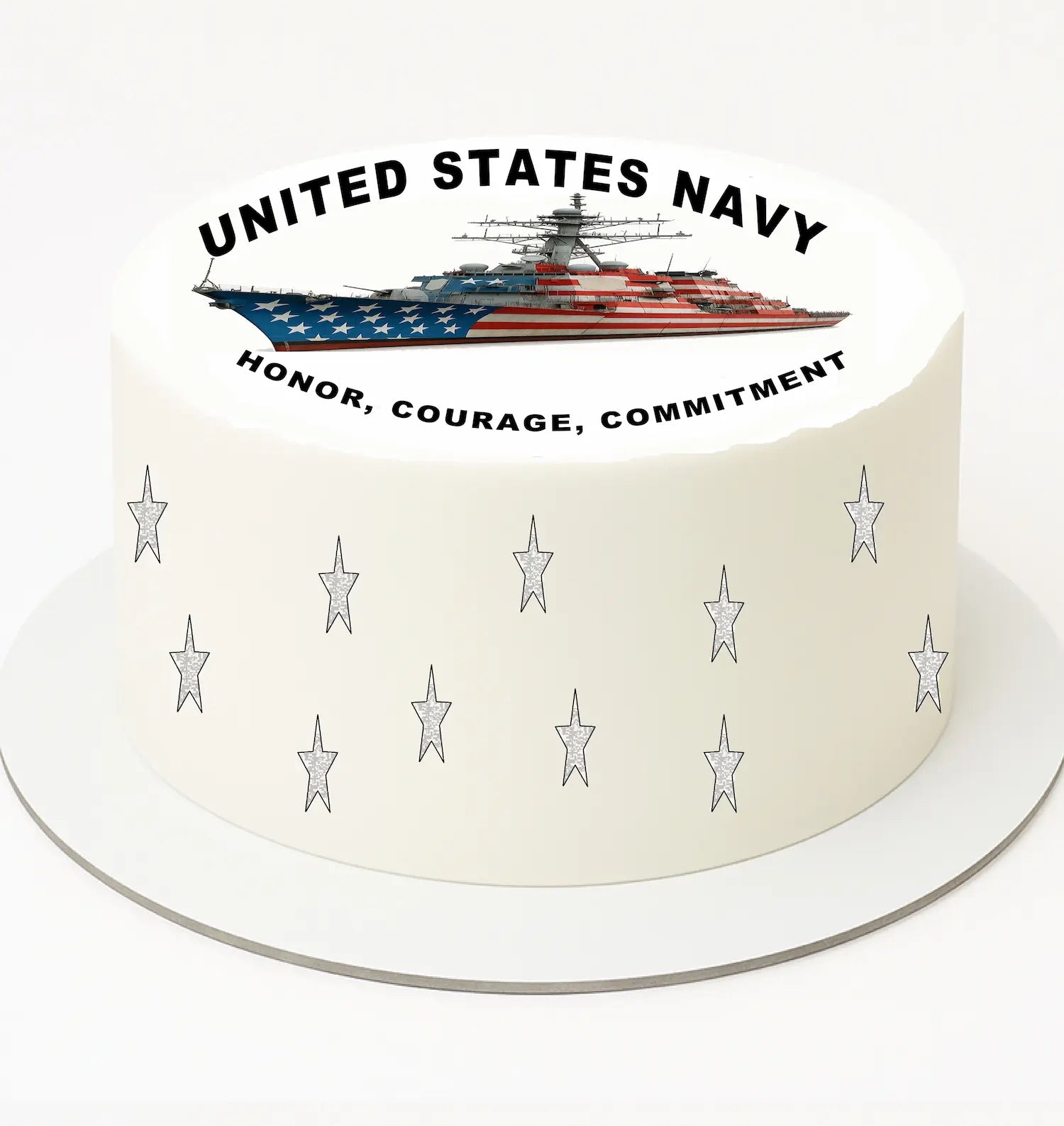 Cake with United States Navy logo, ship illustration, and 'Honor, Courage, Commitment' text on a white background.
