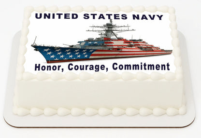 Cake with a United States Navy ship design and text on a white background