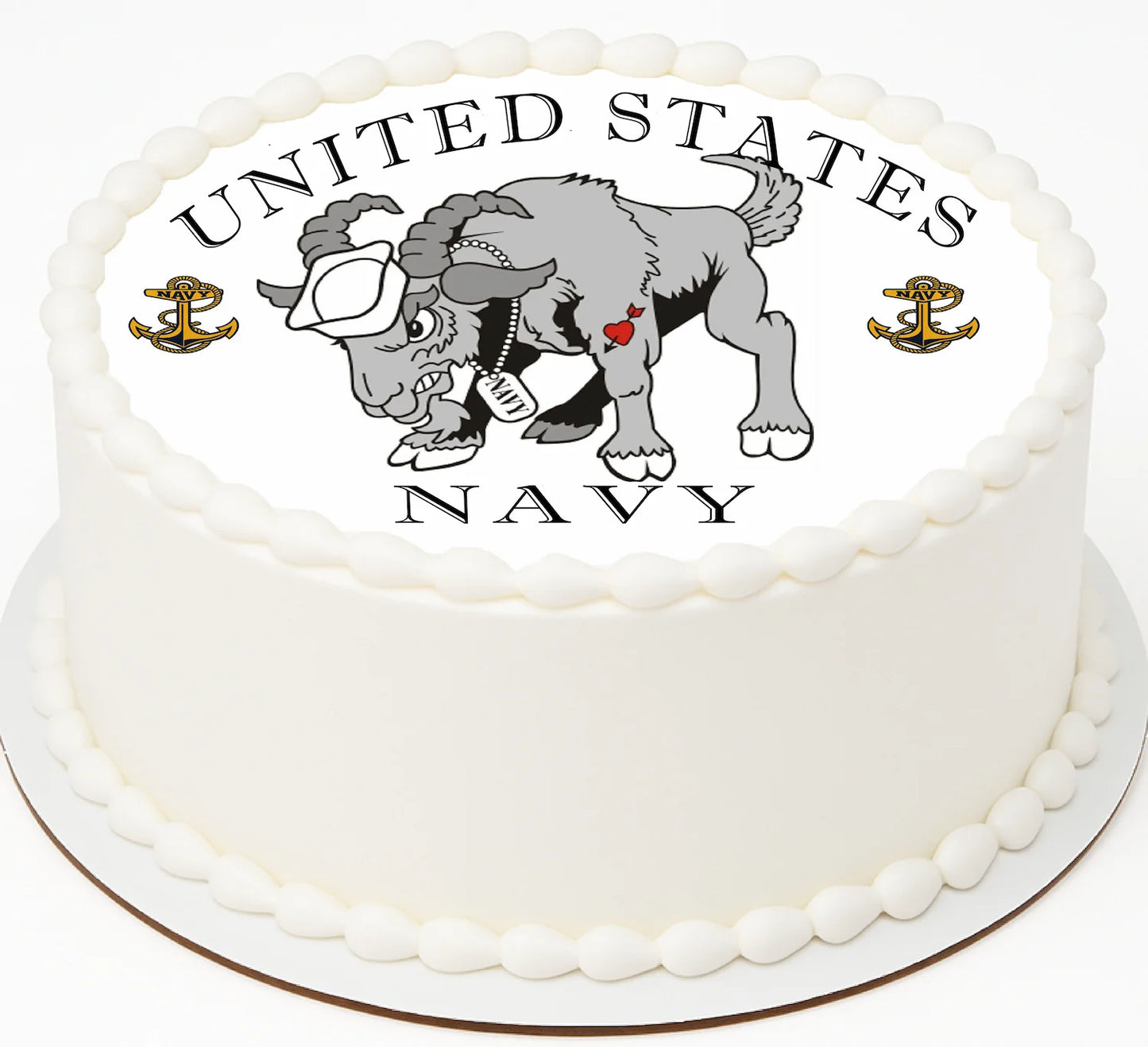 White cake with a United States Navy logo featuring a tattooed bison and sailor hat.