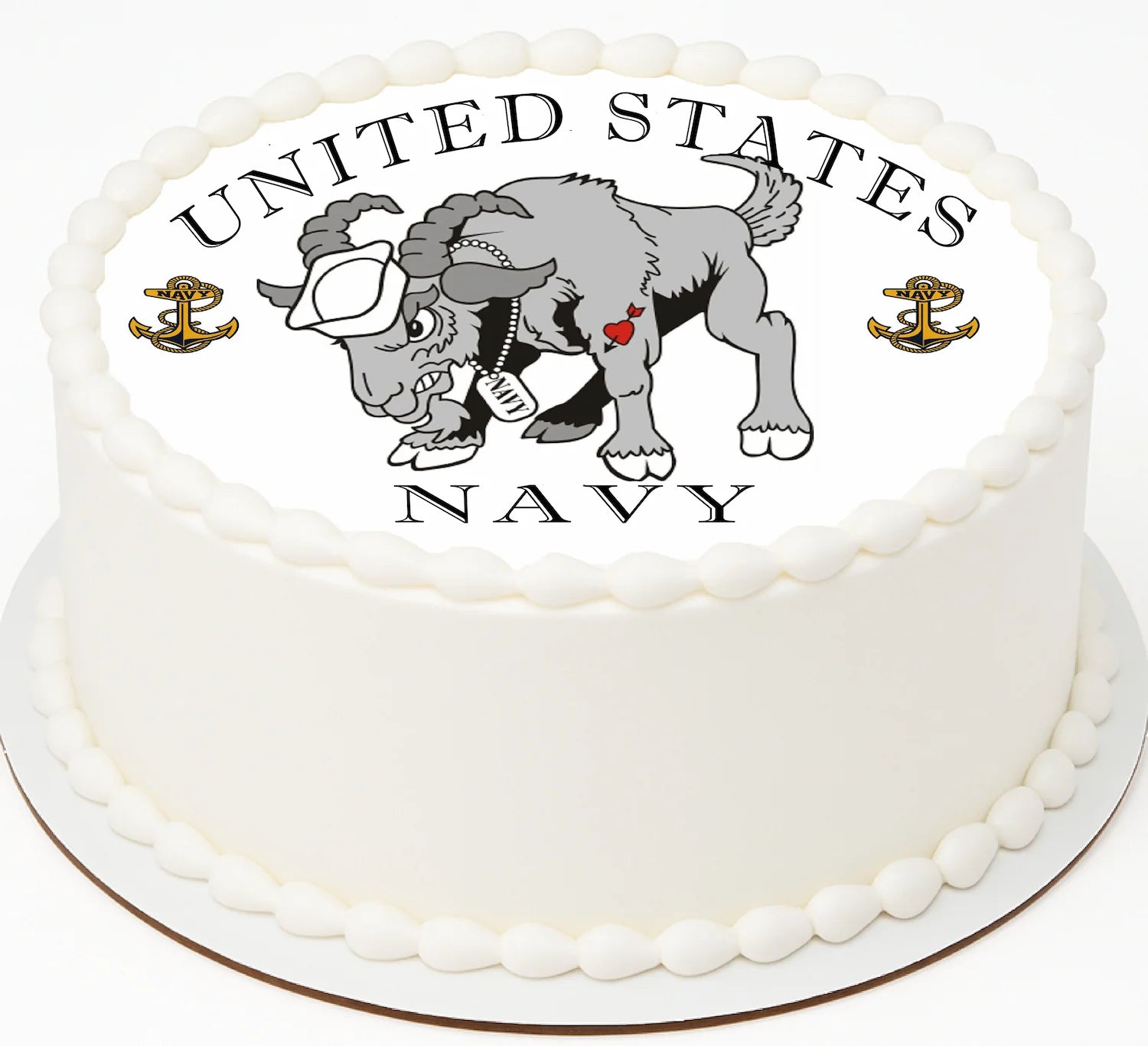 White cake with a United States Navy logo featuring a tattooed bison and sailor hat.