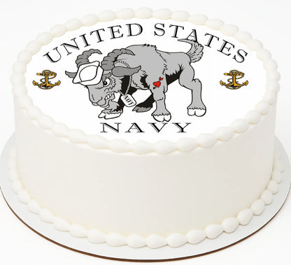 White cake with a United States Navy logo featuring a tattooed bison and sailor hat.