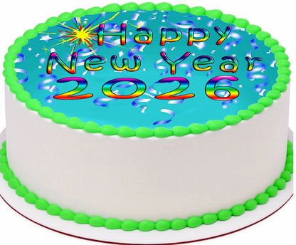 Custom Edible Cake Topper –  New Year Confetti Rainbow Sparkle Design – Pre-cut 8" Round Icing Sheet – RA Pape