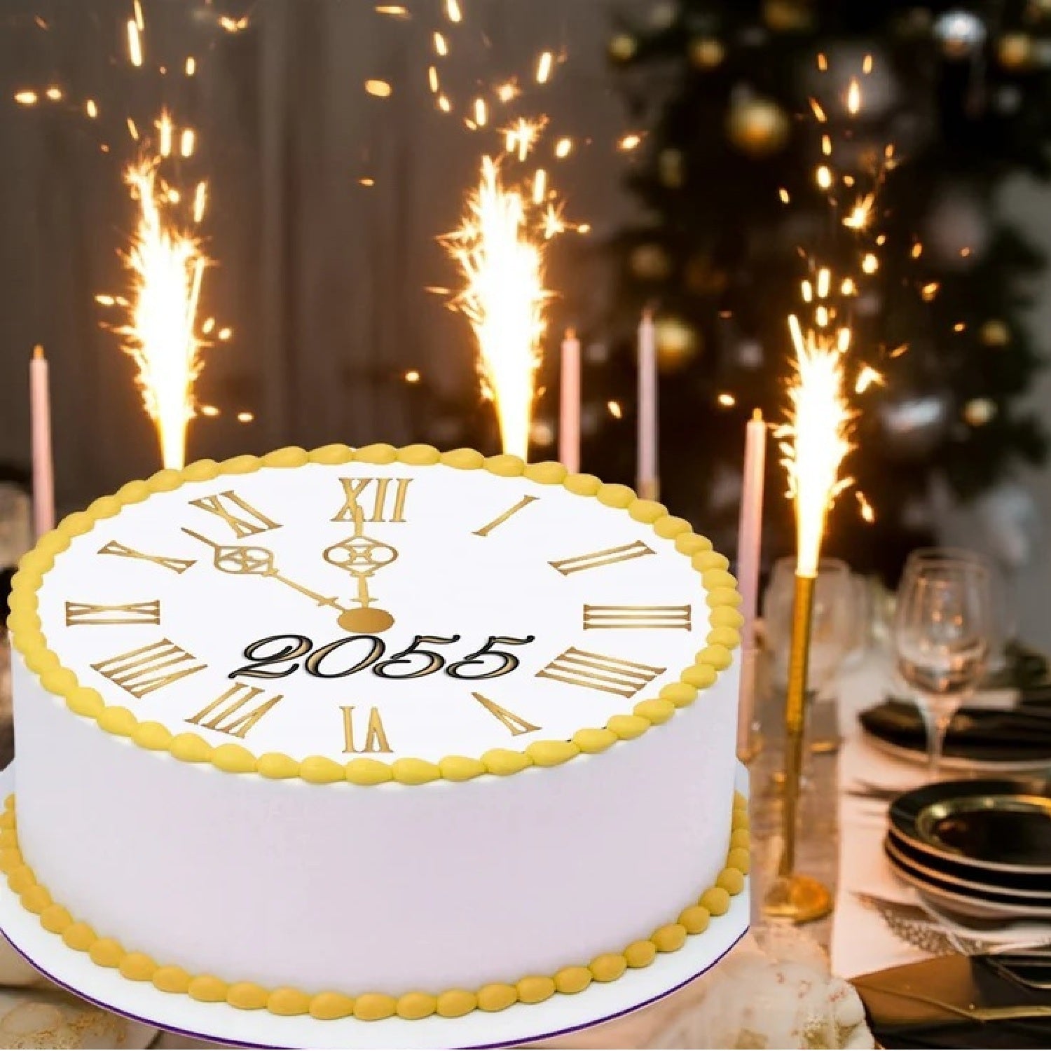 New Year's Eve edible image cake topper with year text on top, with Roman numerals, surrounded by sparklers on a festive table.