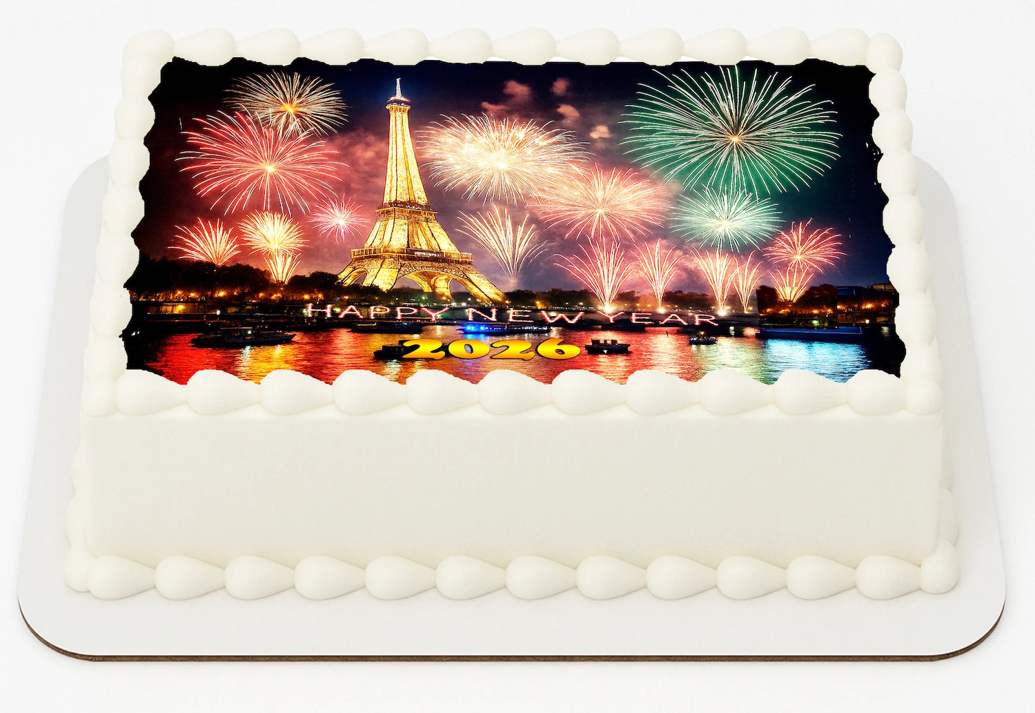 Edible Icing Images Sheet Cake Topper with New Year Eiffel Tower-themed decoration