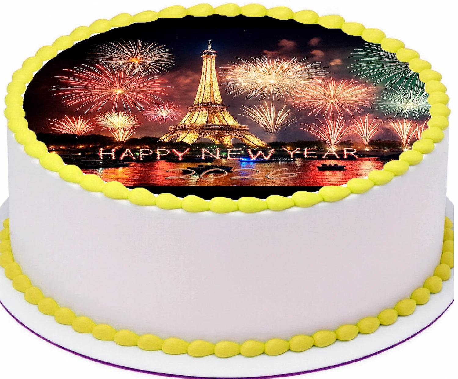 Custom Edible Cake Topper – New Year Eiffel Tower Design – Pre-cut 8" Round Icing Sheet – RA Pape