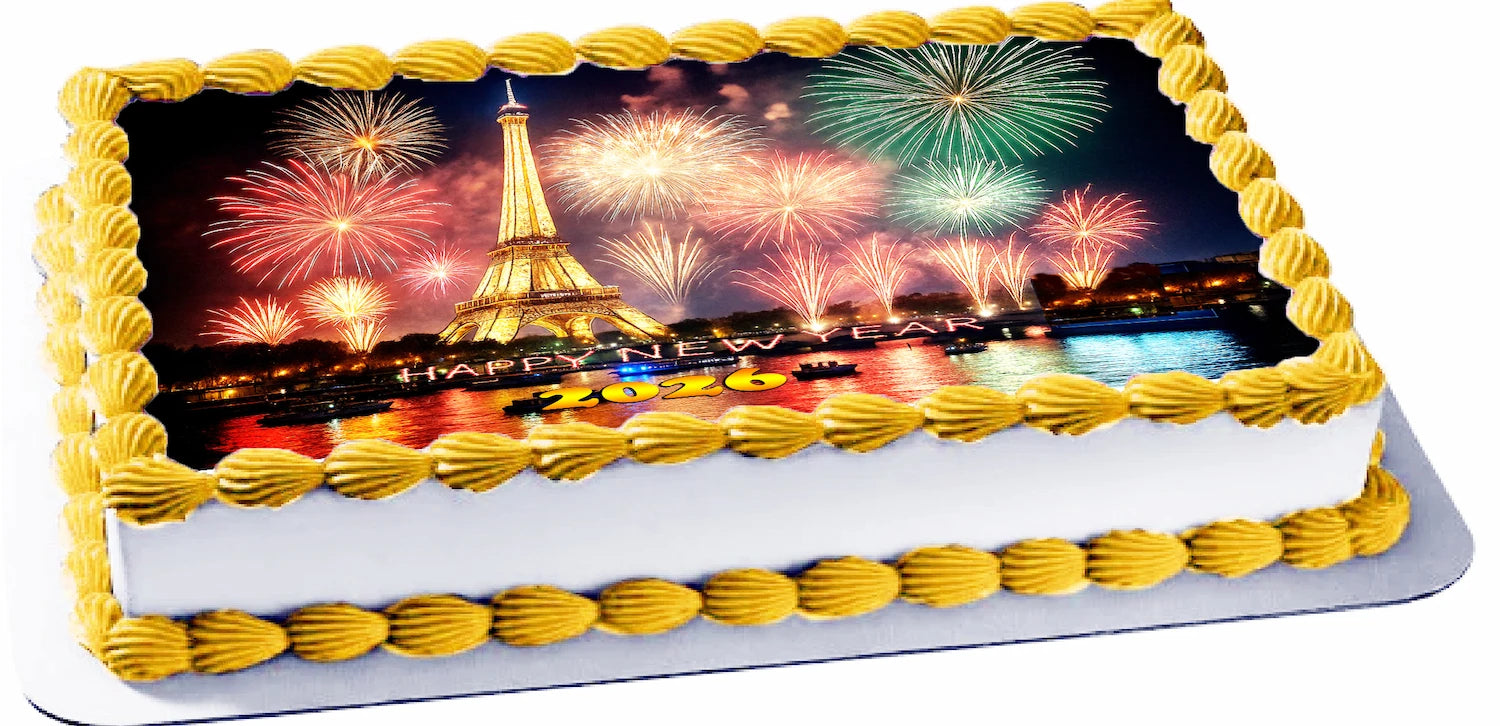 Edible Icing Image Sheet Cake Topper with New Year Eiffel Tower themed decoration
