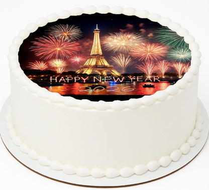 Edible Icing Images Cake Topper with New Year  Eiffel Tower -themed decoration