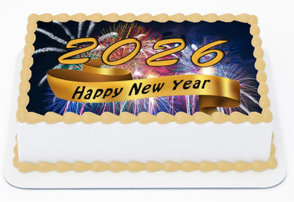 Custom Edible Cake Topper –  New Year Fireworks Ribbon Design – 1/4 Sheet Cake (9x13) – Precut Icing Sheet – RA Pape
