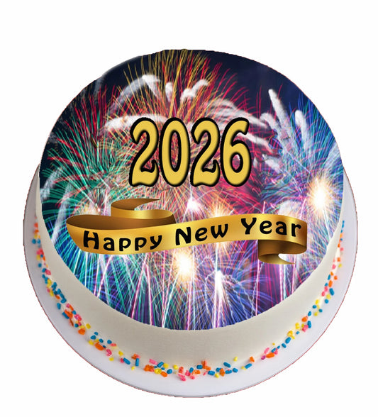 New Year Fireworks Ribbon Edible Image Cake Topper