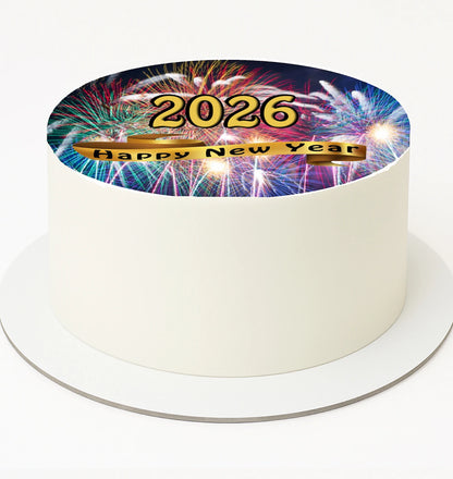 Edible Icing Image Cake Topper with New Year Fireworks Ribbon themed decoration