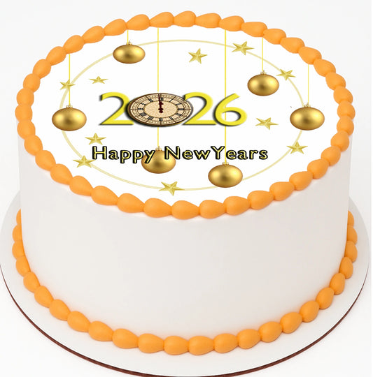 Custom Edible Cake Topper –  New Year Gold Ornament Wishes Design – Pre-cut 8" Round Icing Sheet – RA Pape