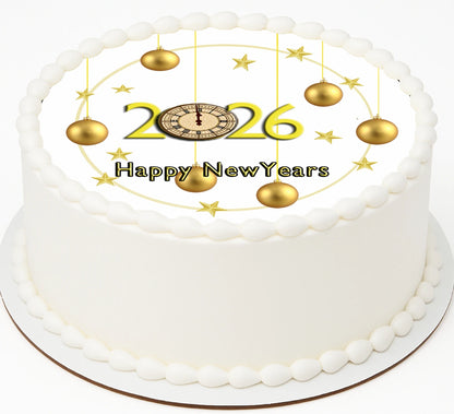 Edible Icing Images Cake Topper with New Year Golden Balls -themed decoration