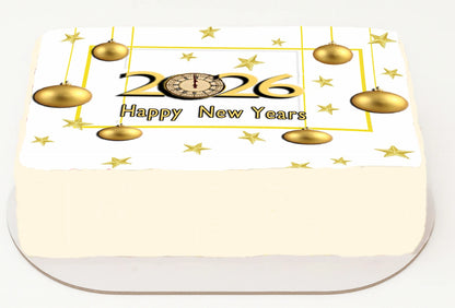 Edible Icing Images Sheet Cake Topper with New Year Golden Balls-themed decoration